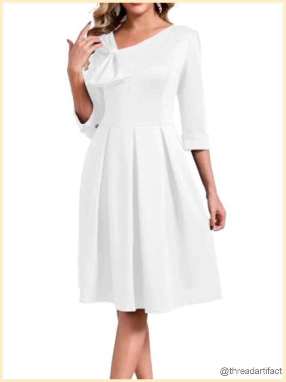 Elegant Dress with 3/4 Sleeves, Cinched Waist, A-Line Skirt for Church and